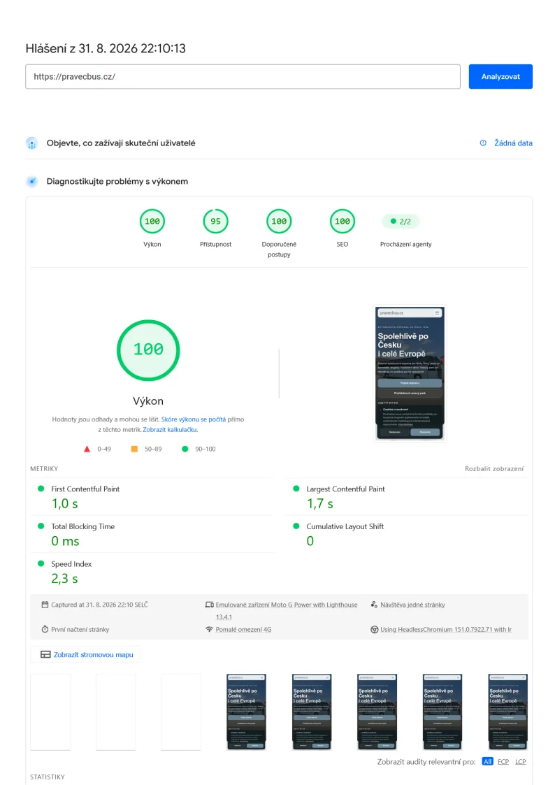 PageSpeed Insights mobilního webu Pravecbus.cz: výkon 100, přístupnost 95, doporučené postupy 100 a SEO 100