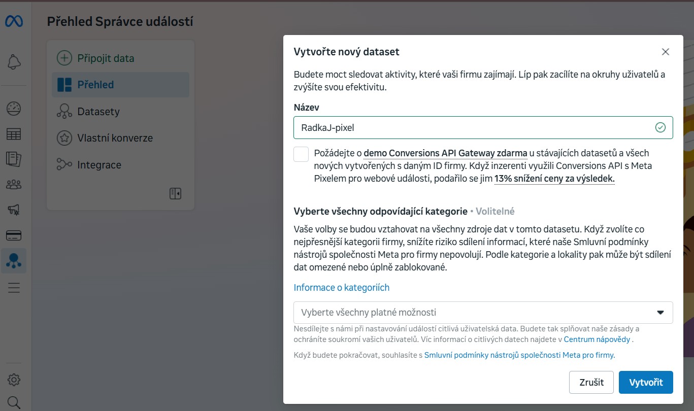 meta-facenook-pixel-nastaveni Jak najít Meta pixel kód pro web na Facebooku - správce událostí - vytvořit nový dataset