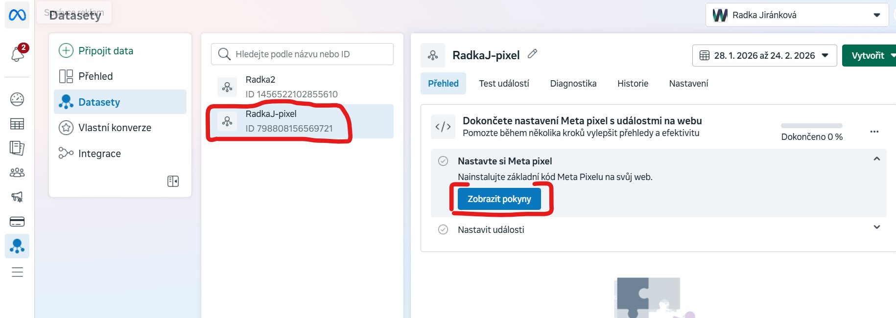 meta-pixel-nainstalovani-na-web-zobrazit-pokyny Jak najít Meta pixel kód pro web na Facebooku - správce událostí - datasety vybereme správný a klikneme na zobrazit pokyny