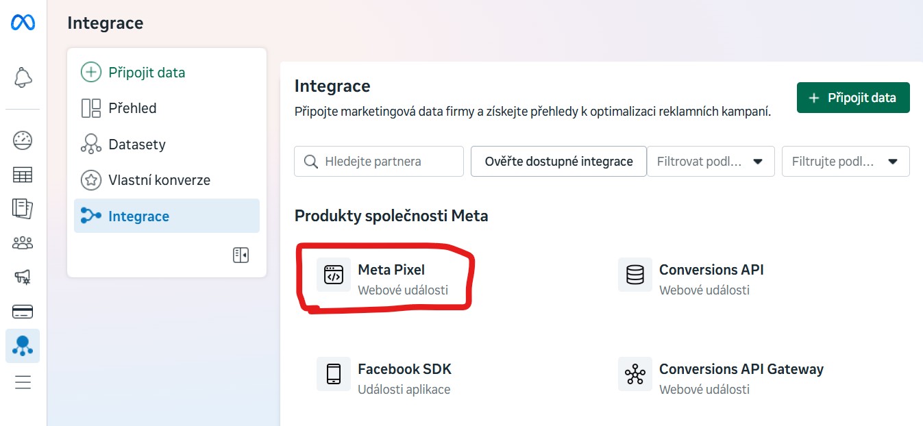 meta-pixel-nastaveni-facebook-reklama Jak najít Meta pixel kód pro web na Facebooku - správce událostí integrace vybereme Meta pixel