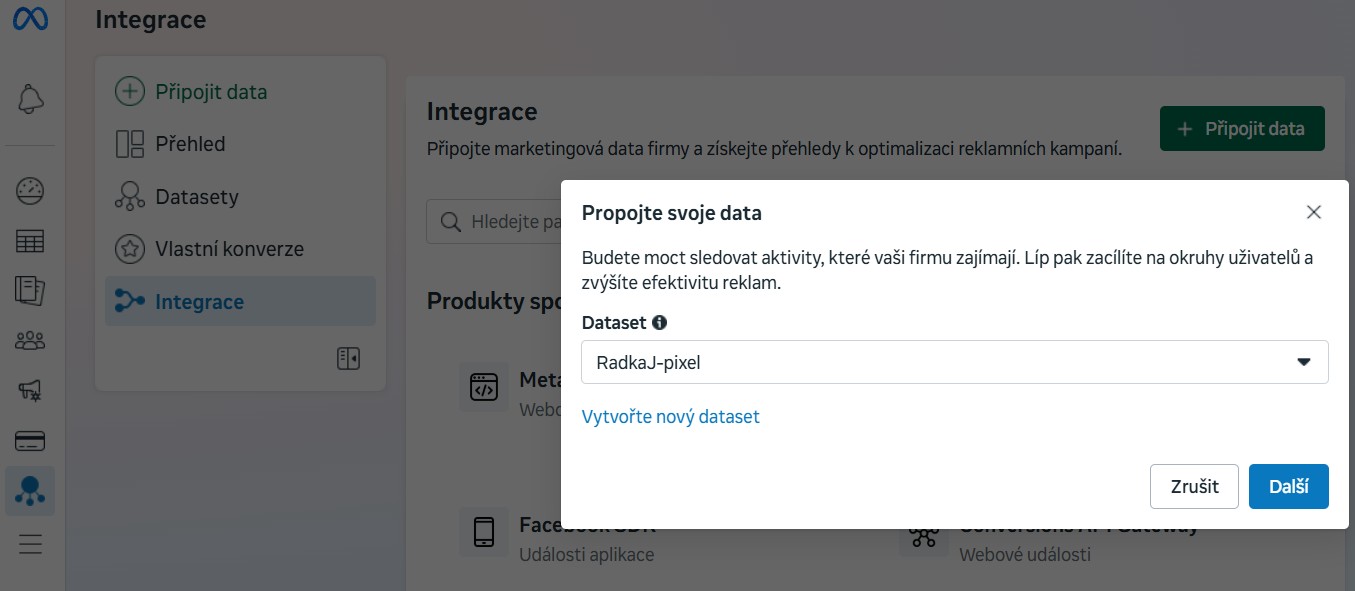 propojeni-facebook-meta Jak najít Meta pixel kód pro web na Facebooku - správce událostí integrace propojte svoje data vybereme dataset