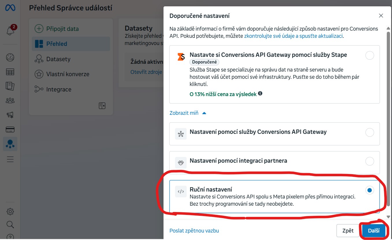 rucni-nastaveni-meta-facebook-pixel Jak najít Meta pixel kód pro web na Facebooku - správce událostí doporučené nastavení datasetu vybereme ruční nastavení a pokračujeme tlačítkem další