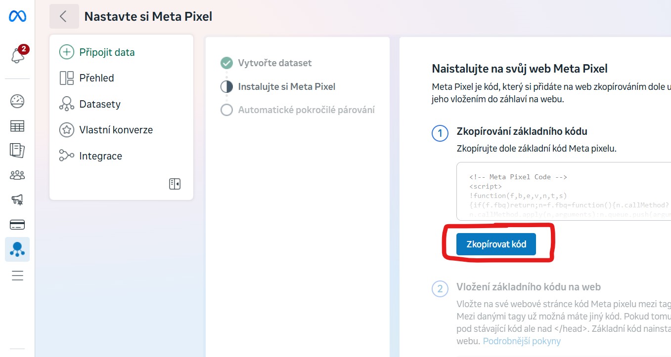 zkopirovat-meta-pixel-kod-pro-web Jak najít Meta pixel kód pro web na Facebooku v daném pixelu si klikneme na zkopírovat kód - to je Meta pixel, který dáme do webu