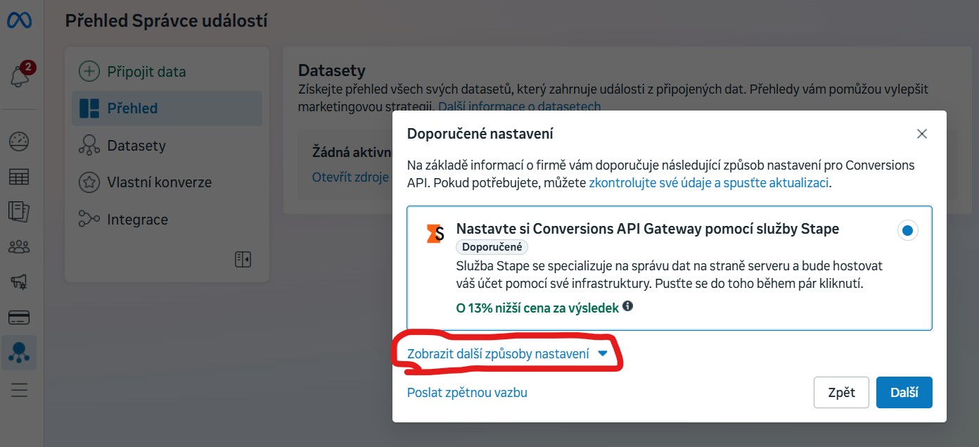 zpusoby-nastaveni-facebook-meta-pixel Jak najít Meta pixel kód pro web na Facebooku - nastavení datasetu klikneme na zobrazit další způsoby nastavení