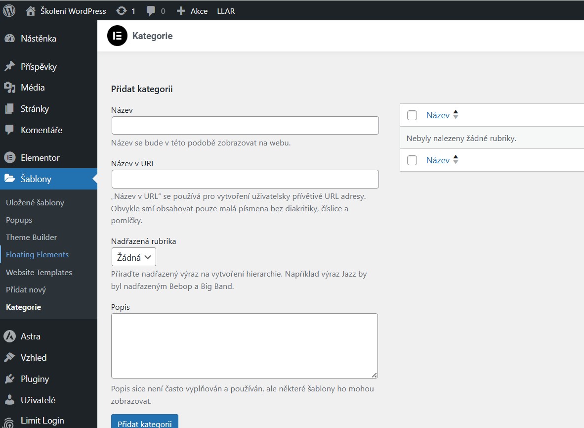 Šablony – Kategorie – WordPress úvodní nastavení – jak se zorientovat v administraci – Elementor