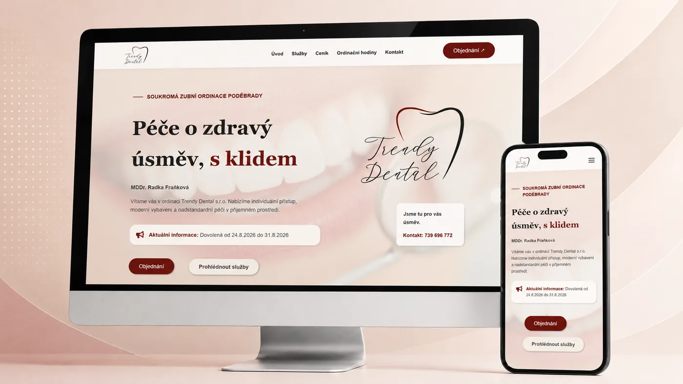 Responzivní web zubní ordinace Trendy Dental zobrazený na desktopu a mobilu