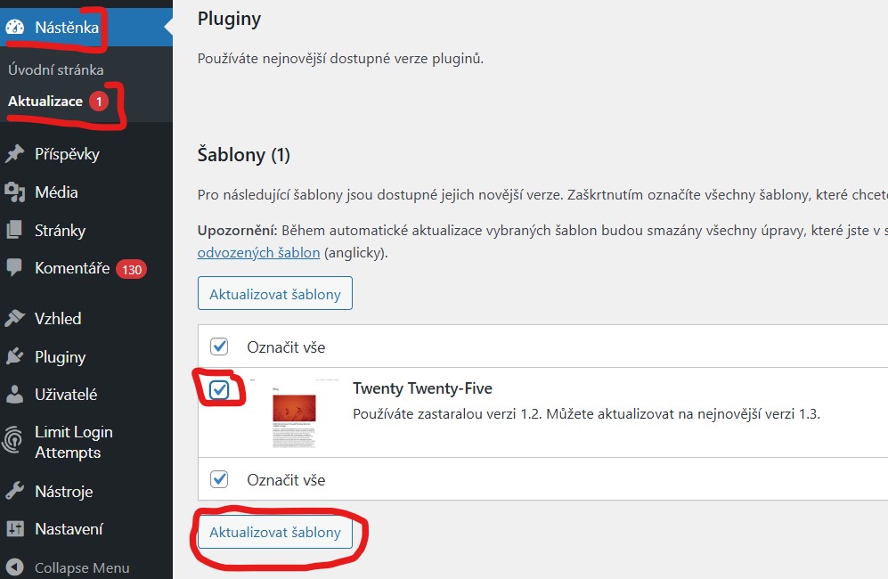 aktualizace-sablon-wordpress jak aktualizovat ve WordPressu šablony - Nástěnka, Aktualizace, zakliknout šablony a klikneme na tlačítko Aktualizovat šablony