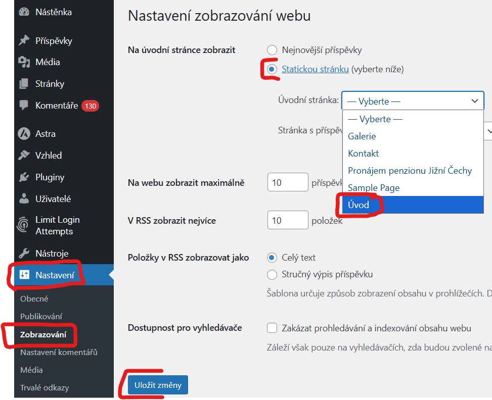 jak-nastavit-uvodni-stranku-webu-wordpress Jak nastavit úvodní stránku webu - Nastavení - Zobrazování - Na úvodní stránce zobrazit - Statickou stránku - Úvodní stránka - Vyberte ze seznamu např. Úvod