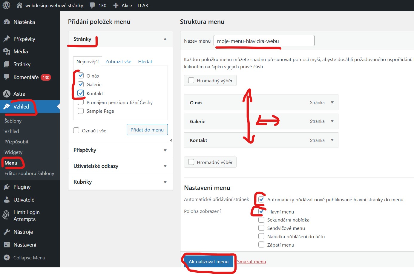 jak-upravit-menu-wordpress Jak vytvořit menu ve WordPressu - v menu najdete položku Vzhled - Menu - Stránky - Nejnovější nebo Zobrazit vše, zaklikáte stránky, které mají být v menu a klinete na Přidat do menu