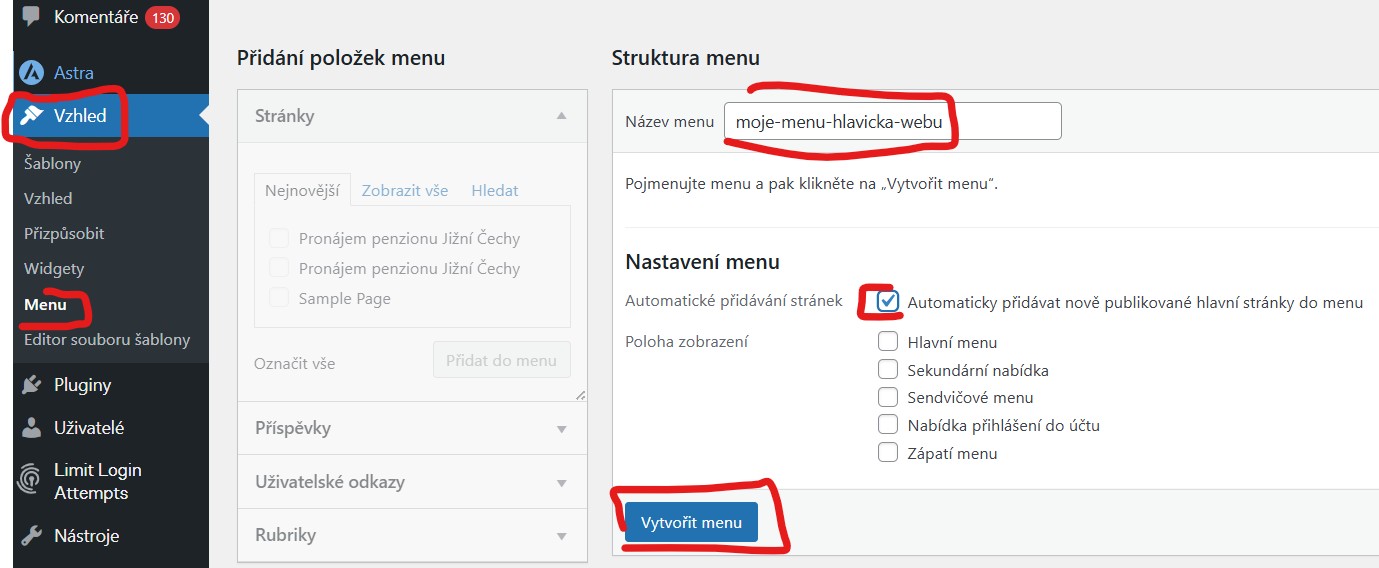 jak-vytvorit-menu-wordpress Jak vytvořit menu ve WordPressu - v menu najdete položku Vzhled - Menu - napíšete název menu a klinete na Vytvořit menu