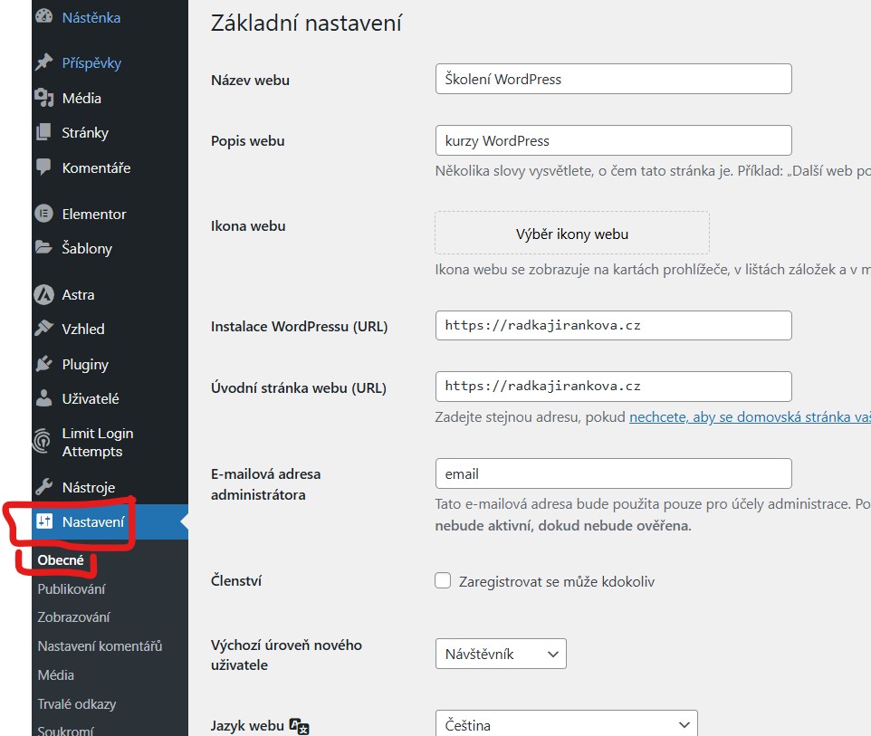 nastaveni-obecne Nastavení - Obecné - WordPress úvodní nastavení - jak se zorientovat v administraci
