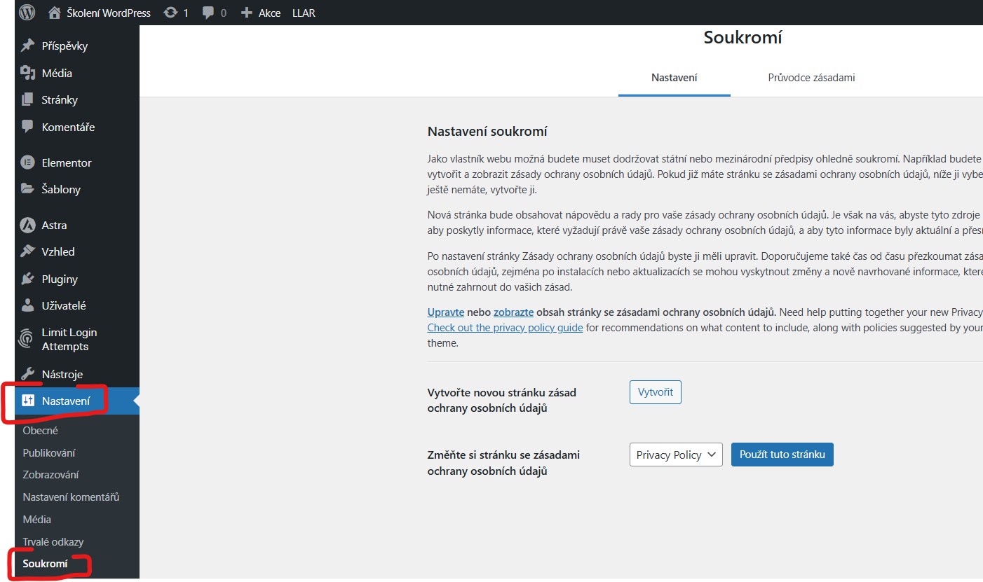 nastaveni-soukromi Nastavení - Soukromí - WordPress úvodní nastavení - jak se zorientovat v administraci