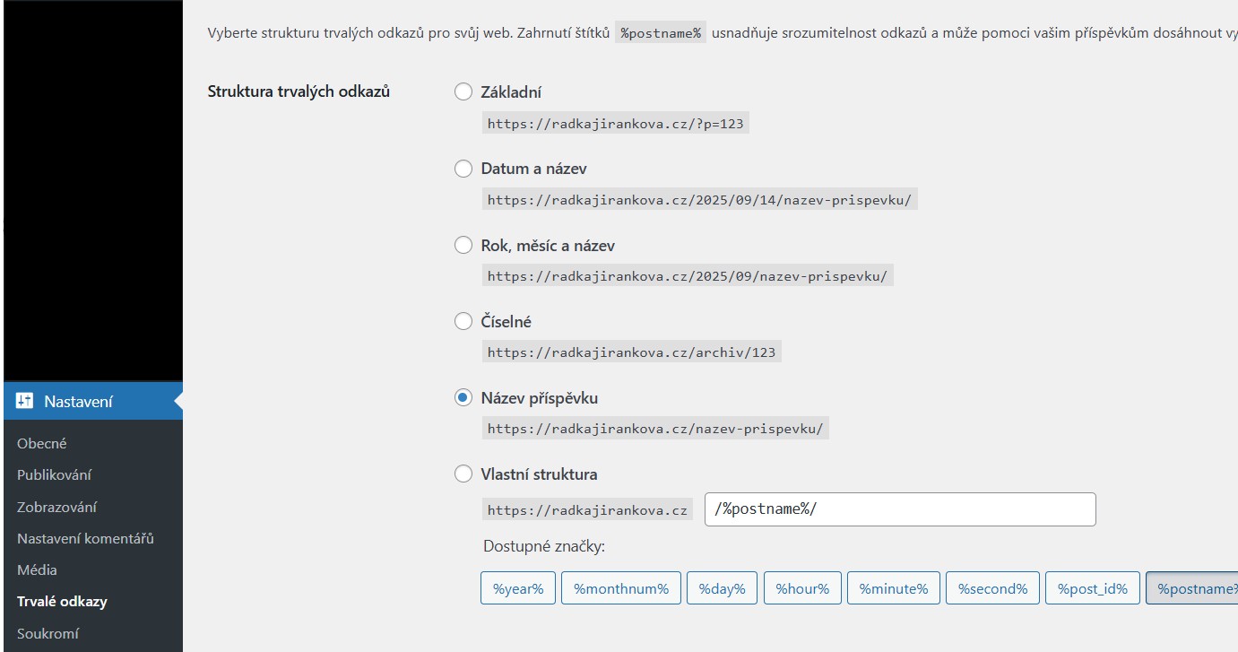 nastaveni-trvale-odkazy Nastavení - Trvalé odkazy - WordPress úvodní nastavení - jak se zorientovat v administraci