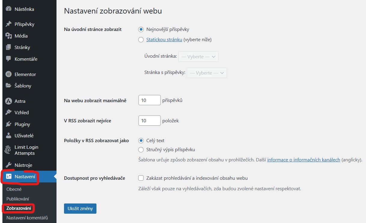 nastaveni-zobrazovani Nastavení Zobrazování - WordPress úvodní nastavení - jak se zorientovat v administraci