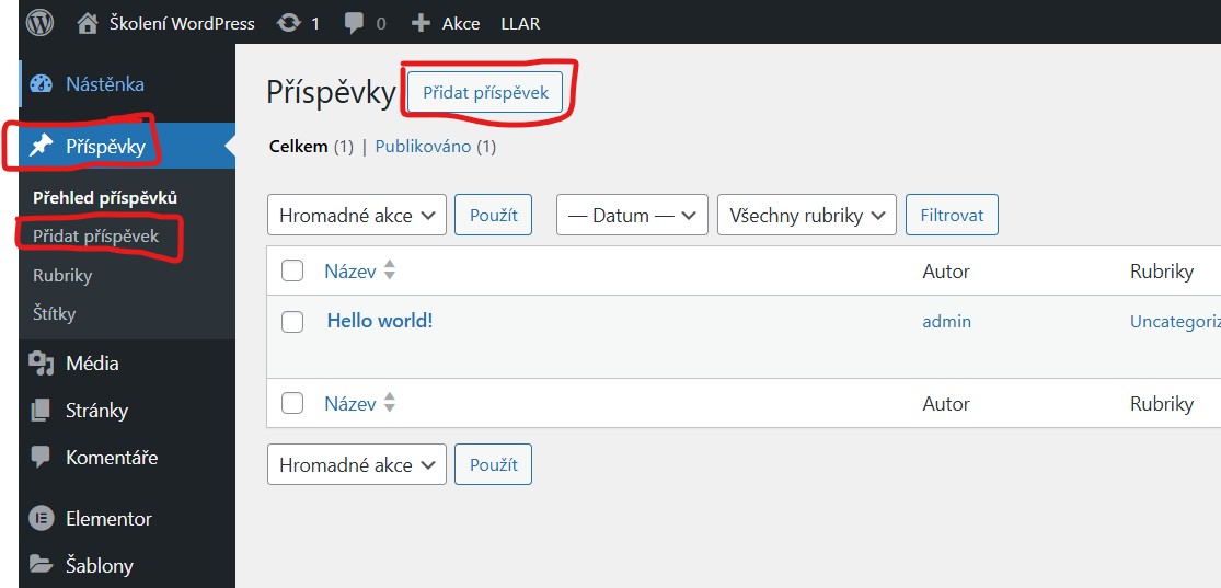 prispecky-pridat-prispevek-pridani-clanku Příspěvky - Přidat příspěvek - jak se zorientovat v administraci - WordPress