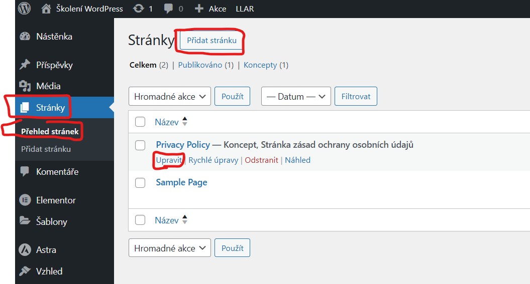 stranky-wordpress Stránky - Přehled stránek - jak se zorientovat v administraci - WordPress