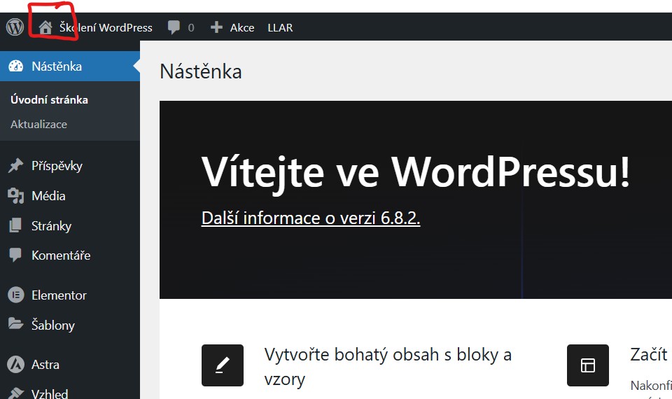 tlacitko-s-ikonou-domecek-prechod-na-frontend-webu-a-zpet Ikonka domečku - dostanete se na frontend přední část webu - jak se zorientovat v administraci - WordPress