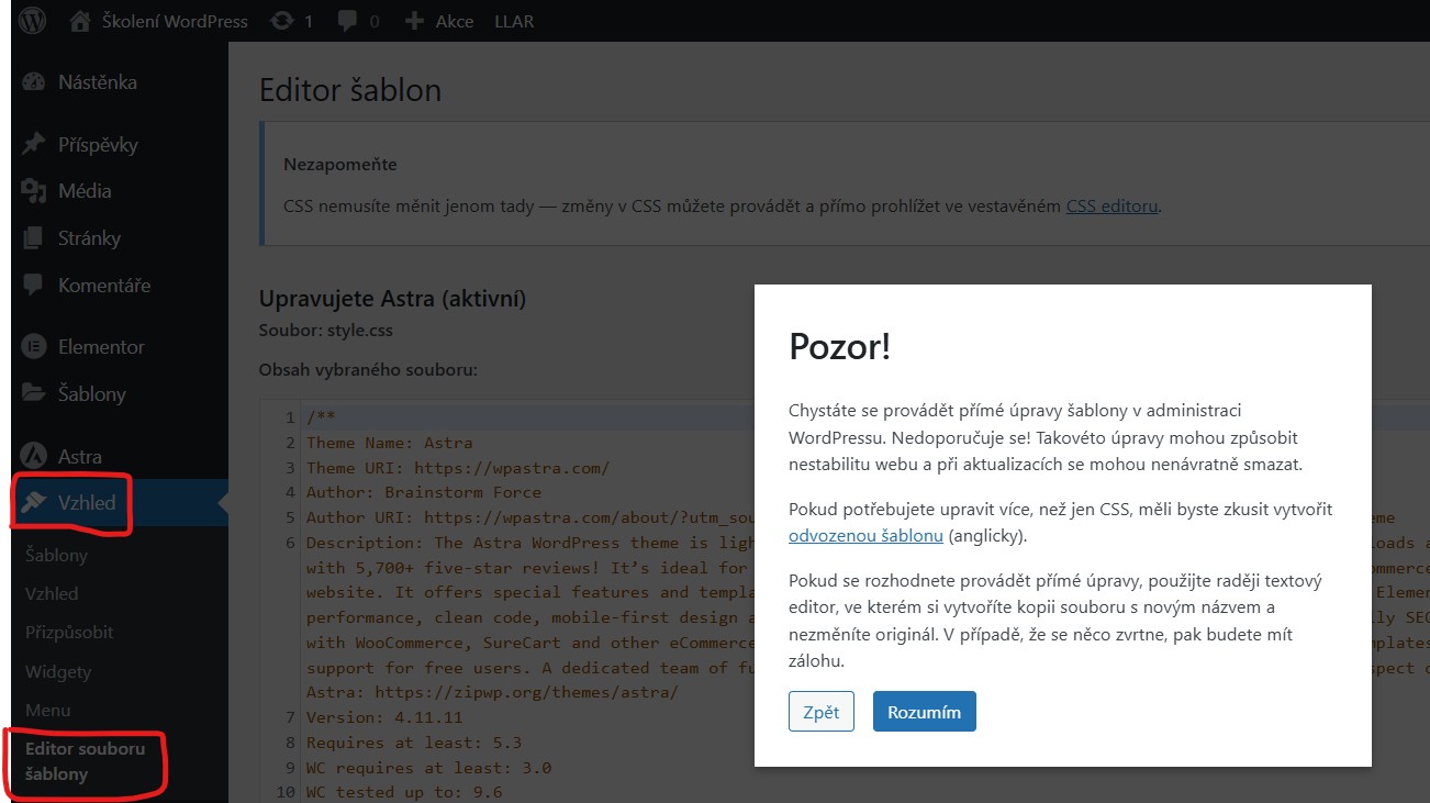 vzhled-editor-souboru-sablony Vzhled - Editor souboru šablony - WordPress úvodní nastavení - jak se zorientovat v administraci