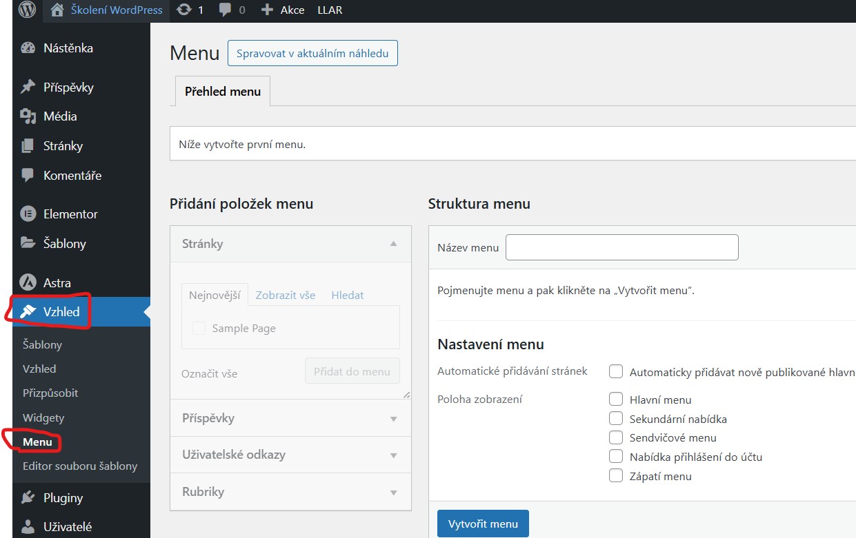 vzhled-menu Vzhled - Menu - WordPress úvodní nastavení - jak se zorientovat v administraci