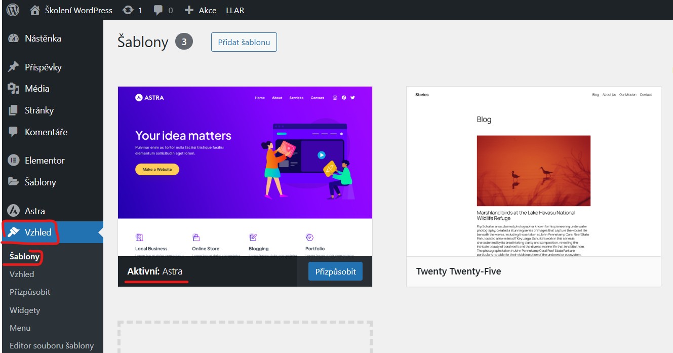 vzhled-sablony Vzhled - Šablony - WordPress úvodní nastavení - jak se zorientovat v administraci