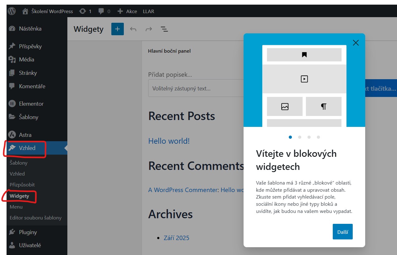 vzhled-widgety Vzhled - Widgety - WordPress úvodní nastavení - jak se zorientovat v administraci